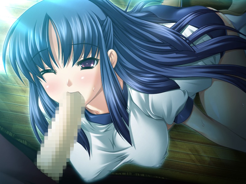 artist_request blue_hair blush buruma censored fellatio female gym_uniform hair long_hair oral purple_eyes rule34 source_request wince