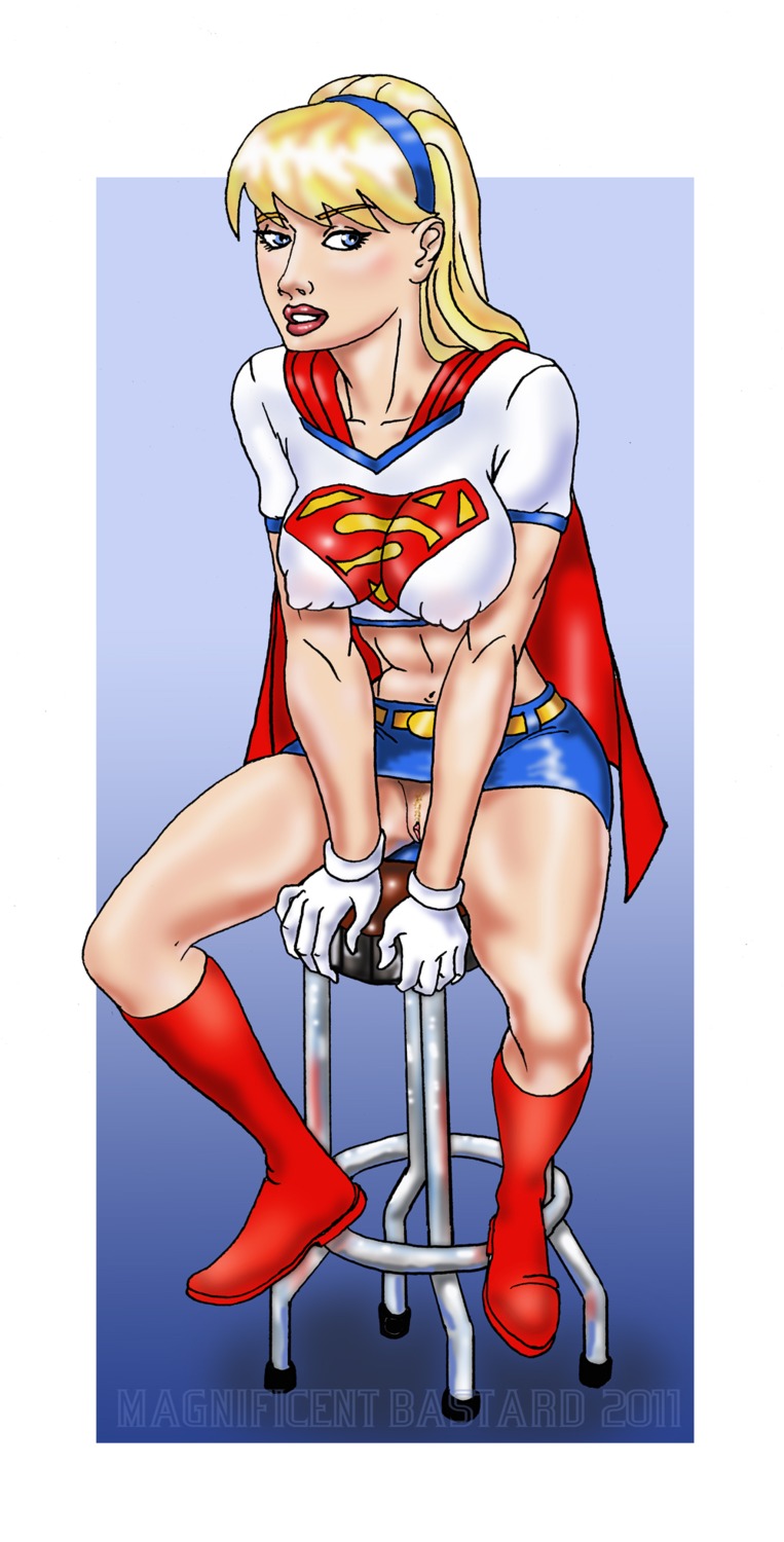 1girls beltskirt blonde_hair blue_eyes dc dc_comics female female_only gloves legs linda_danvers long_hair magnificent_bastard miniskirt navel nipples_visible_through_clothing no_panties pubic_hair pussy red_boots rule34 signature sitting_down skirt solo stool supergirl superman_(series) text thighs upskirt white_shirt yellow_belt
