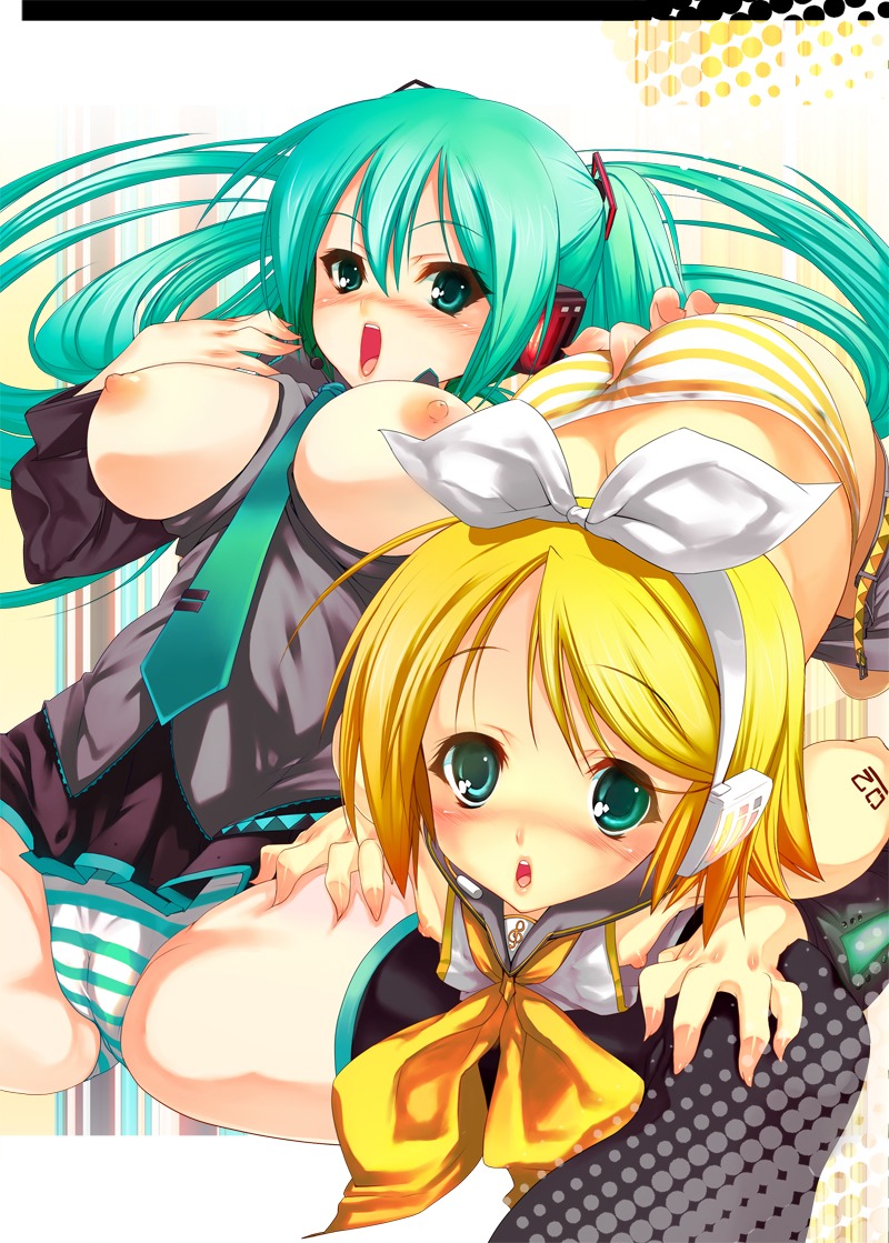 2girls aqua_eyes aqua_hair ass blonde_hair blush breasts cameltoe female fingering flat_chest hair_ribbon hatsune_miku headphones headset kagamine_rin karochii_(mochiya) large_breasts long_hair multiple_females multiple_girls necktie nipples open_mouth panties pussy ribbon rule34 short_hair skirt spread_legs striped striped_panties thighhighs tied_hair twintails underwear very_long_hair vocaloid yuri