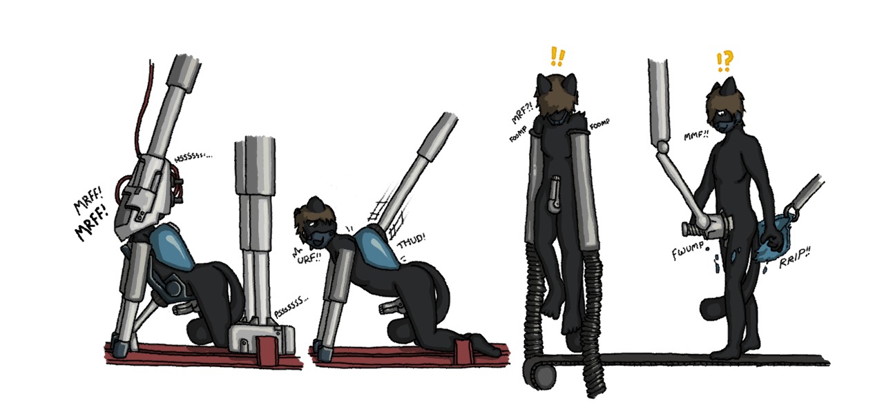 anthro base_one_layout basic_sequence bdsm bondage bottomwear bound clamp clothing comic digital_media_(artwork) domestic_cat e621 exclamation_point factory felid feline felis forced four_frame_image four_frame_sequence fuel industrial interrobang latex linear_sequence machine male mammal mask metal motorcycle neybulot nude nullification okami-the-wolf one_row_layout plastic production question_mark right_to_left rollers sequence shorts simple_background solo transformation transformation_sequence vehicle vehicle_transformation white_background