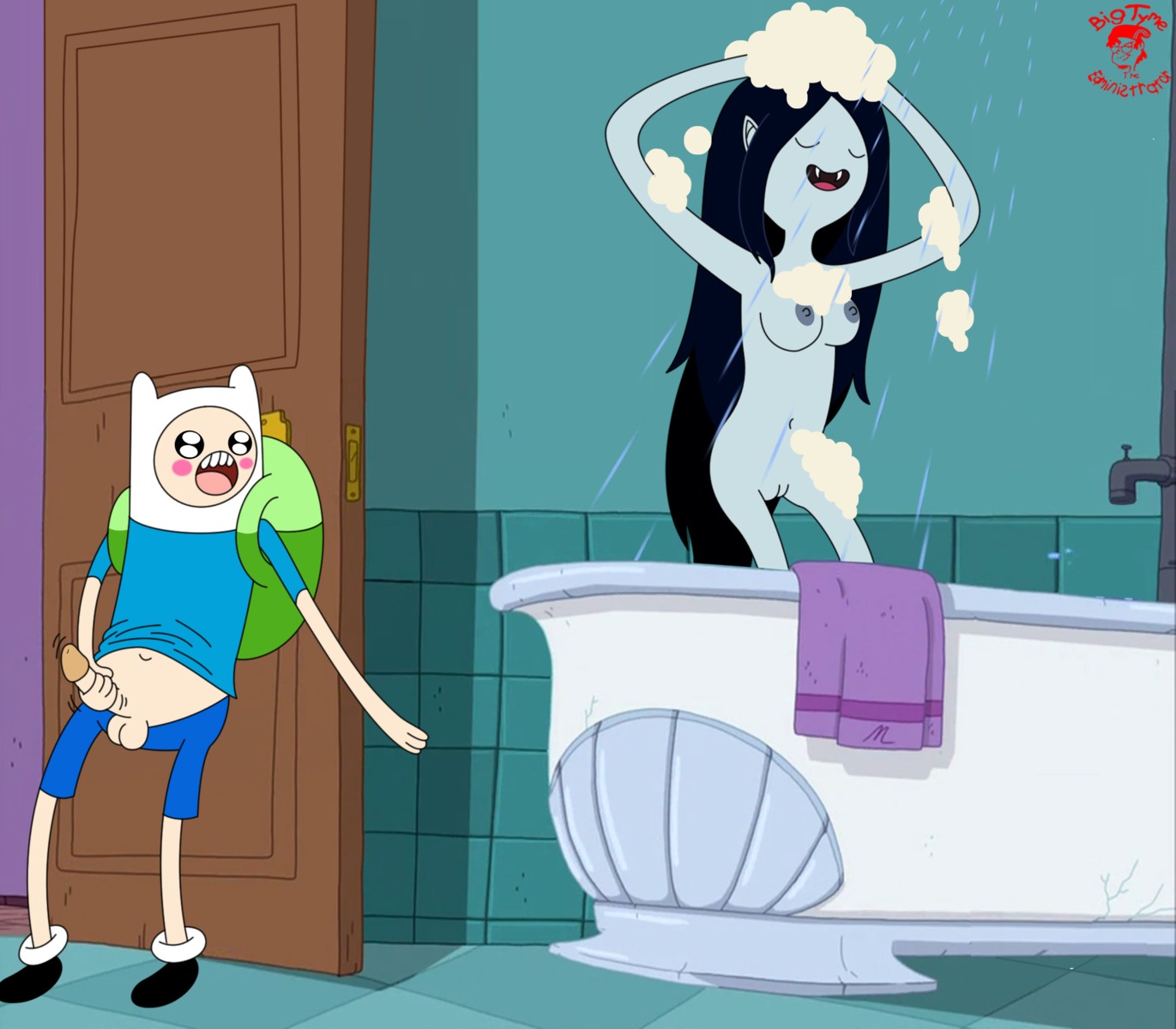 1boy 1girls adventure_time backpack bag bigtyme black_hair blonde_hair canonical_scene cartoon_network cleft_of_venus clothed_male_nude_female fangs female finn_the_human footwear human indoors long_hair male marceline masturbation nude pale_skin peeping_on_marceline pointy_ears rule34 shower uncensored vampire voyeur watching