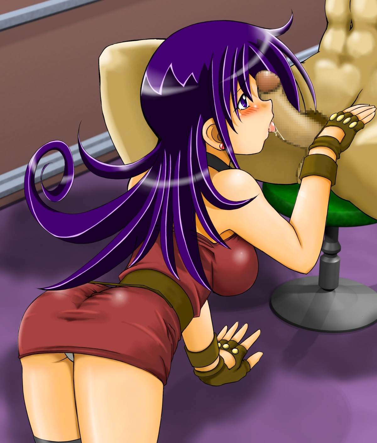1boy 1girls age_difference blue_hair censored clothed_female_nude_male cryptobiosis duel_masters female indoors licking_penis male mosaic_censoring penis purple_eyes purple_hair red_dress rule34 short_dress straight tagme tasogare_mimi tsumitani_daisuke