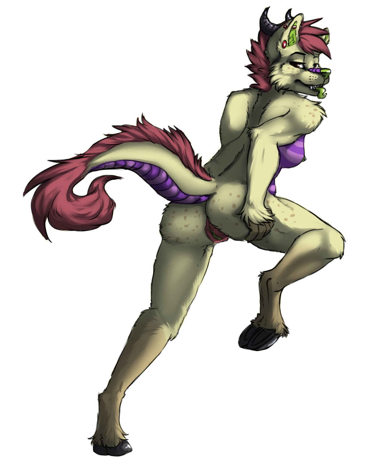 anthro bovid bovine breasts canid canine cattle e621 ear_piercing female genitals hi_res hooves horn hybrid looking_at_viewer mammal nude piercing presenting shapeshifterprincess solo tongue tongue_out vulva