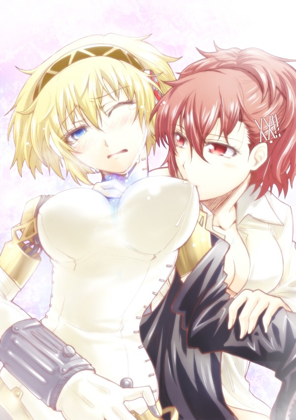 aegis_(persona) aigis_(persona) android blonde_hair blue_eyes breast_sucking breasts brown_hair cleavage female female_protagonist_(persona_3) hair_ornament hairclip heroine kotone_shiomi megami_tensei multiple_females multiple_girls persona persona_3 persona_3_portable red_eyes rule34 segami_daisuke short_hair through_clothes yuri