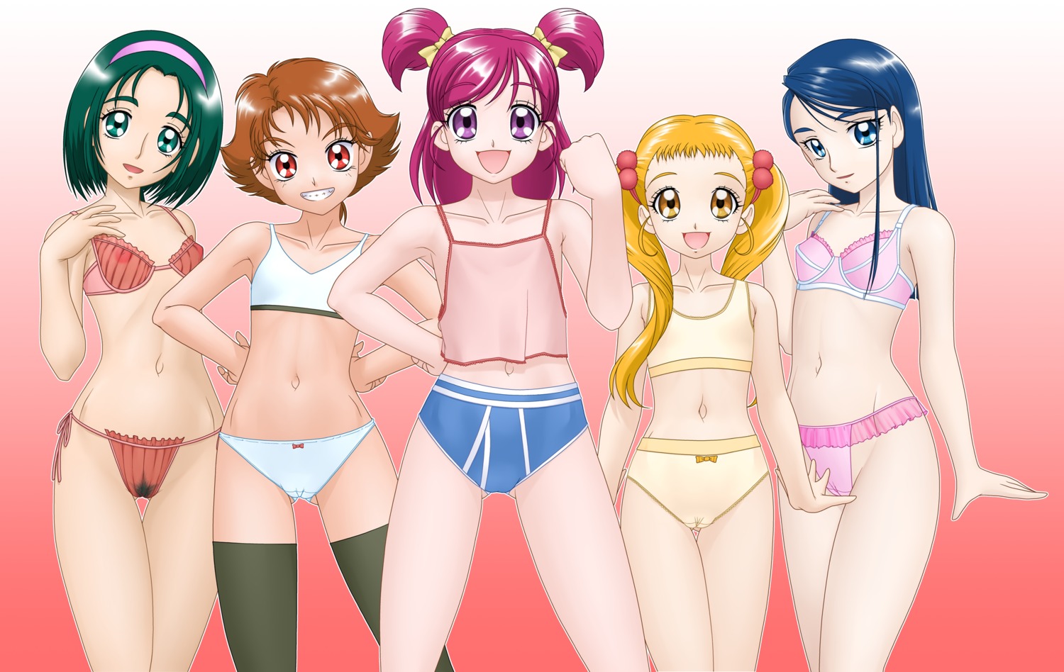 akimoto_komachi areolae blonde_hair blue_eyes blue_hair bow bow_panties bra briefs brown_hair cameltoe camisole clothing delica female female_only flat_chest green_eyes green_hair grin hair_bobbles hair_ornament hairband hand_on_hip hands_on_hips high_resolution hips kasugano_urara lineup lingerie long_hair minazuki_karen multiple_females multiple_girls natsuki_rin navel panties pink_eyes pink_hair pink_panties precure pretty_cure pubic_hair purple_eyes pussy red_eyes red_panties rule34 see-through short_hair short_twintails side-tie_panties smile sports_bra stockings thigh_gap thighhighs thighs tied_hair twintails underwear white_panties yellow_eyes yes!_precure_5 yes!_pretty_cure_5 yumehara_nozomi