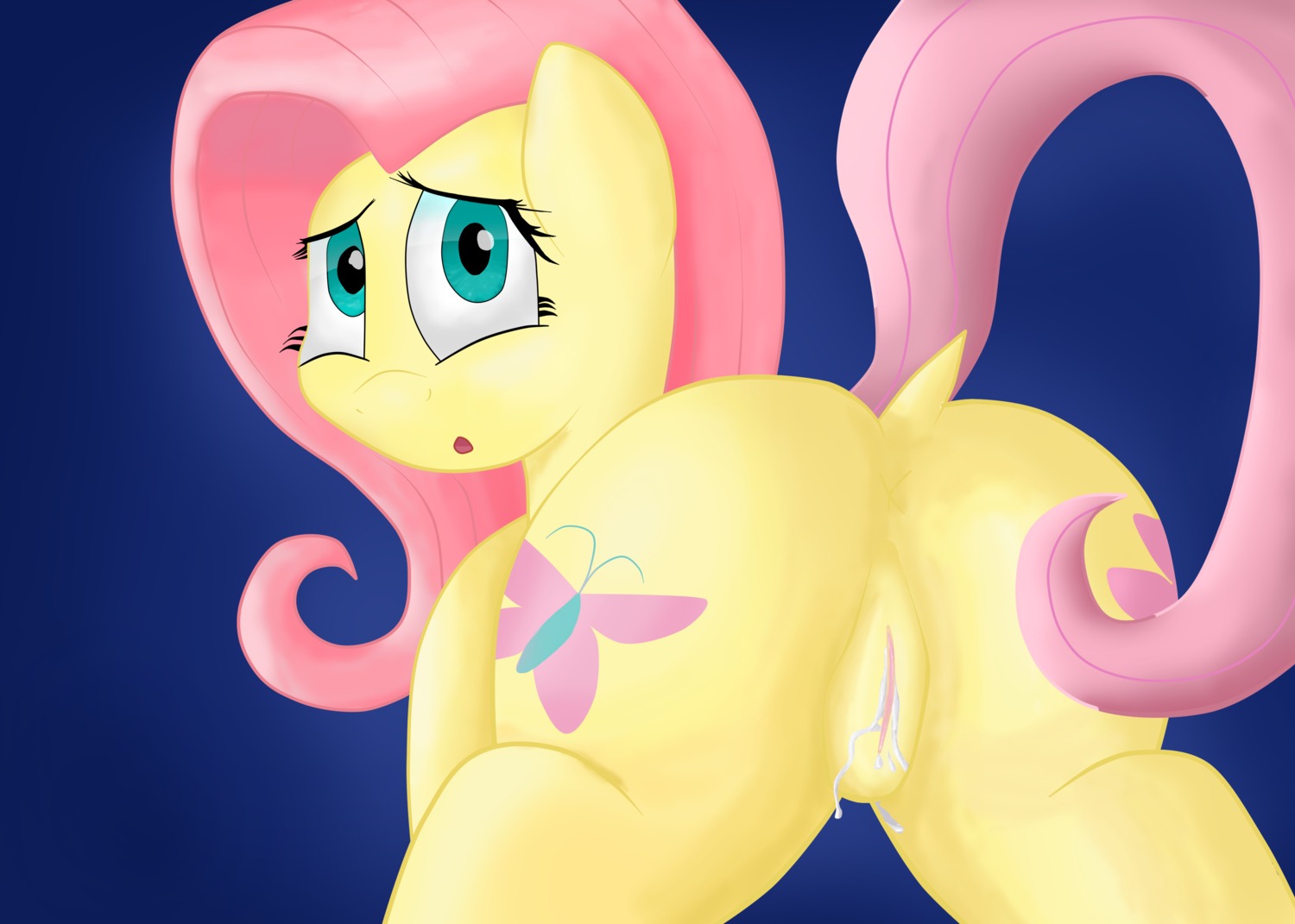 2013 absurd_res anus bodily_fluids butt cutie_mark e621 equid equine female feral fluttershy_(mlp) friendship_is_magic genital_fluids genitals hasbro hi_res horse illusiveelusive looking_at_viewer mammal my_little_pony pony quadruped solo tail vaginal_fluids vulva