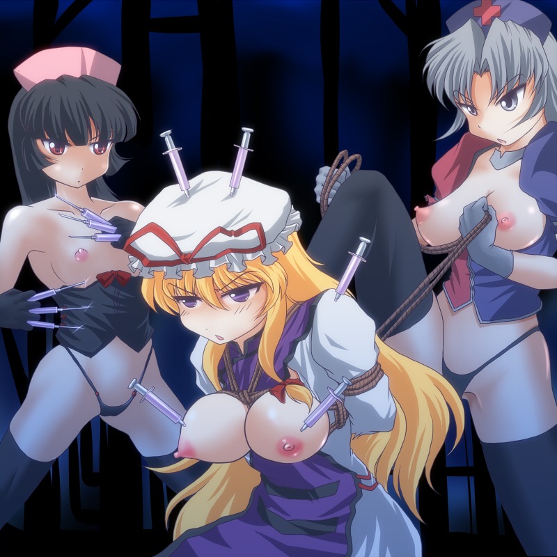 arms_behind_back black_hair black_legwear blonde_hair bondage braid breast_bondage breastless_clothes breasts eirin_yagokoro female female_only femdom femsub hat injection kaguya_houraisan long_hair multiple_doms multiple_females multiple_girls nipples nurse_cap open_mouth purple_eyes red_eyes rope rule34 silver_hair syringe thighhighs touhou wancozow yukari_yakumo yuri