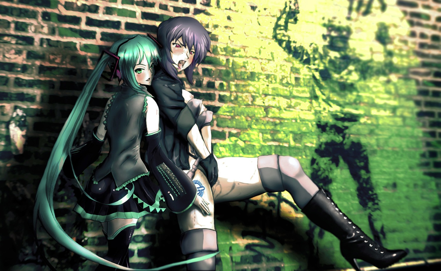 2girls ahegao aqua_eyes aqua_hair blush boots breasts class34 crossover detached_sleeves female female_only fingering ghost_in_the_shell green_eyes green_hair hatsune_miku high_heels highres kusanagi_motoko legwear long_hair multiple_females multiple_girls purple_hair red_eyes rule34 saliva short_hair skirt thighhighs tongue twintails underwear very_long_hair vocaloid yuri
