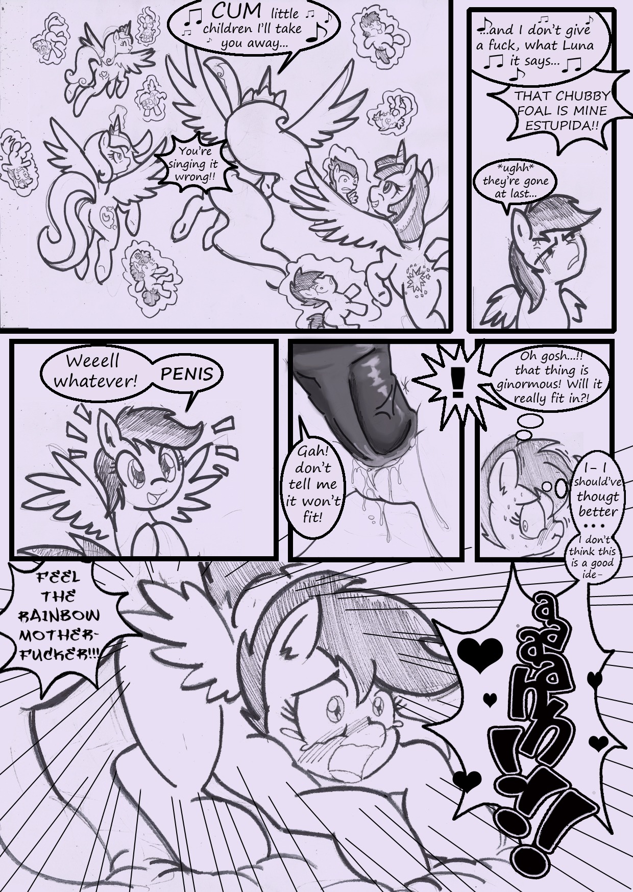 2013 angry anibaruthecat animal_genitalia animal_penis anus berry_pinch_(mlp) black_and_white bodily_fluids comic cum cutie_mark dialogue e621 earth_pony english_text equid equine equine_genitalia equine_penis erection feathered_wings feathers female feral flying friendship_is_magic fur genital_fluids genitals group hair half-closed_eyes hasbro heart_symbol hi_res horn horse magic male male/female mammal monochrome my_little_pony mythological_creature mythological_equine mythology narrowed_eyes nude open_mouth pegasus penetration penis pipsqueak_(mlp) pony princess princess_cadance_(mlp) princess_celestia_(mlp) princess_luna_(mlp) profanity rainbow_dash_(mlp) royalty rumble_(mlp) scootaloo_(mlp) sex singing sketch sweat tears text traditional_media_(artwork) twilight_sparkle_(mlp) unicorn vaginal vaginal_penetration vulva winged_unicorn wings young young_feral