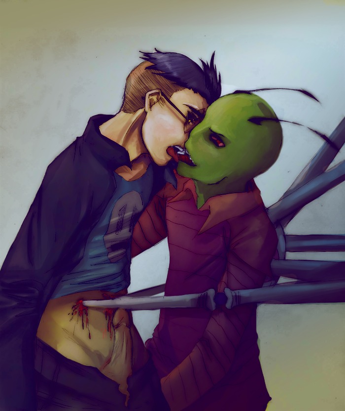 alien beige_skin black_hair bleeding blood color dib gay glasses gore green_skin human impalement injury interspecies invader_zim male male_only male_ryona open_eyes open_mouth penis puncture red_blood red_eyes rule34 short_hair side_shave side_view smooth_skin standing tongue undressing wound yaoi yellow_eyes zim