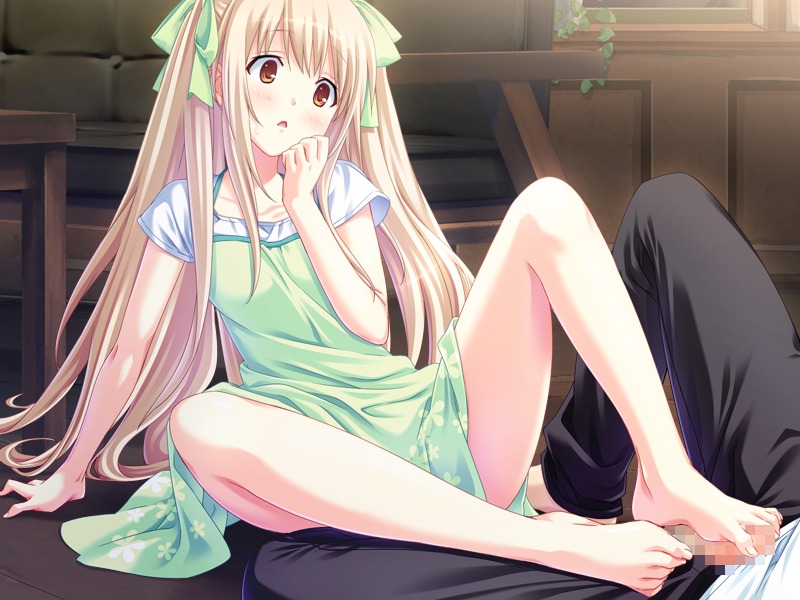 arm_support barefoot blonde_hair censored couch d: dress feet female footjob game_cg hair_ribbon hinata_terrace kajiwara_hina long_hair male marui_(koedame) on_floor open_mouth penis ribbon rule34 sitting two_side_up very_long_hair