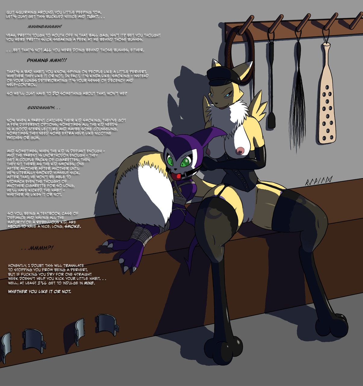 ambiguous_gender anthro arm_warmers armwear ball_gag bandai_namco bdsm black_sclera blue_eyes bondage bound breasts canid canine chest_tuft claws clothing corset digimon digimon_(species) dominant dominant_female duo e621 english_text facial_markings female female/ambiguous forced fur gag genitals green_eyes hat head_markings headgear headwear hi_res imminent_rape imminent_sex impmon interspecies legwear lingerie mammal markings nipples paddle profanity raevild renamon riding_crop rope stockings text topwear tuft vulva whip white_body white_fur yellow_body yellow_fur