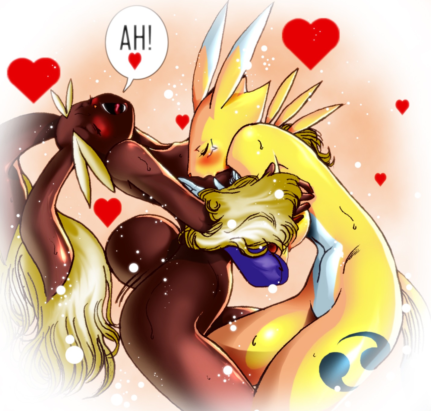 2011 abstract_background anthro anthrofied armwear bandai_namco belly big_breasts blush breasts bridal_gauntlets brown_body brown_fur canid canine clothing crossover dialogue digimon digimon_(species) digimorph dipstick_ears duo e621 ear_markings english_text eyelashes eyes_closed female female/female floppy_ears fluffy fluffy_tail fur generation_4_pokemon grinding heart_symbol hi_res lagomorph long_ears lopunny mammal markings multicolored_ears navel nintendo nipples nude orgasm pokemon pokemon_(species) pokemorph reijisakamoto renamon seductive short_tail side_boob simple_background tail text tongue white_belly white_body white_fur yellow_body yellow_fur
