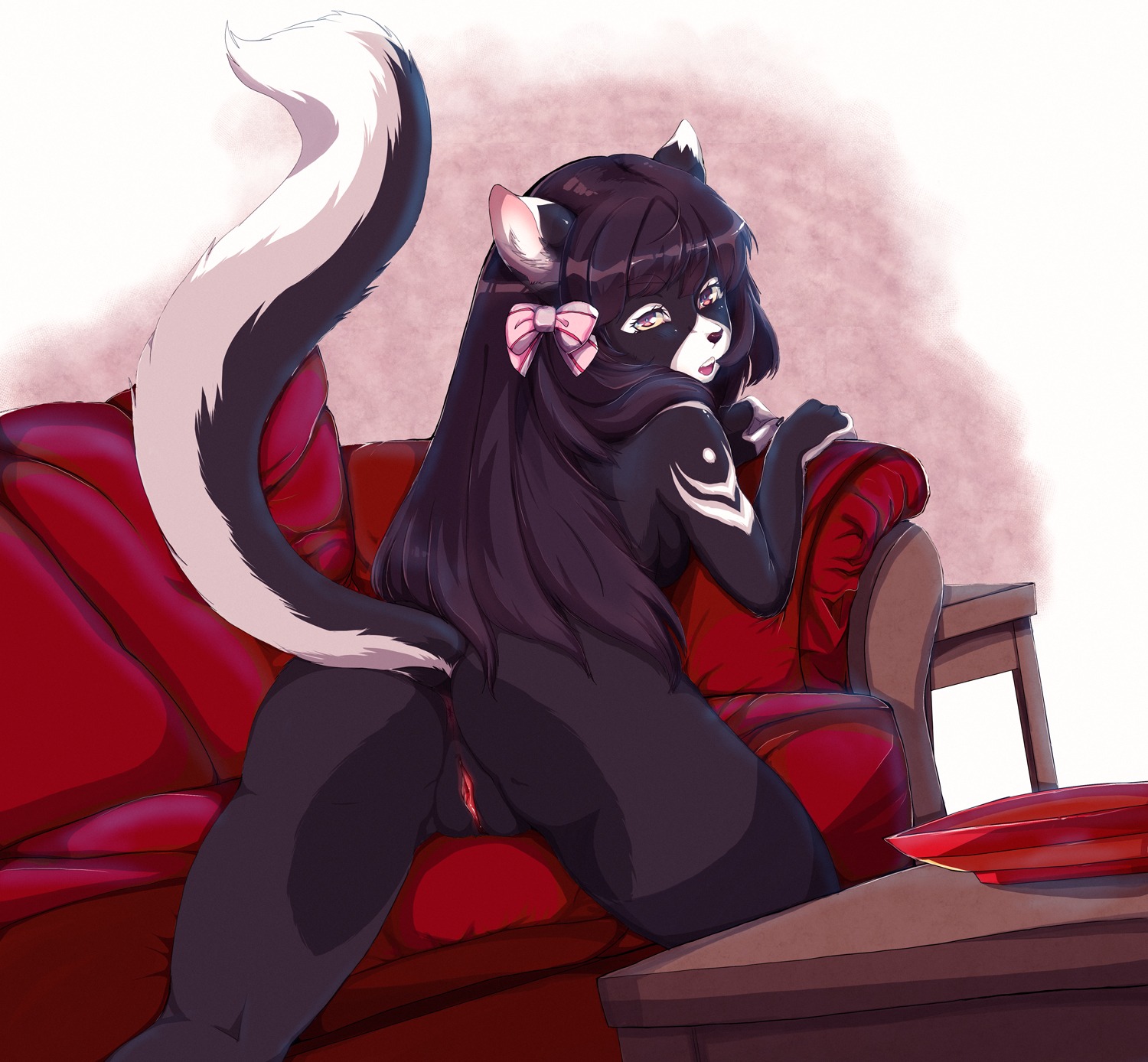 accessory anthro anus biped black_hair bow_(feature) bow_accessory bow_ribbon butt domestic_cat e621 felid feline felis female furniture genitals hair hair_accessory hair_bow hair_ribbon hi_res kalahari_(skimike) looking_at_viewer looking_back mammal presenting presenting_anus presenting_hindquarters presenting_vulva red_eyes ribbons shebeast sofa solo spread_legs spreading vulva