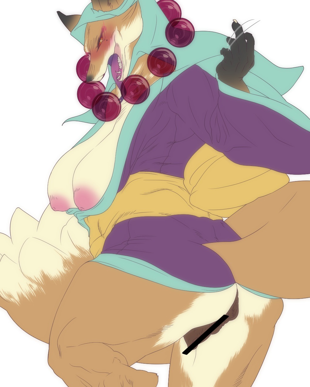 4:5 anthro anus bedroom_eyes breasts butt canid canine capcom censored clothed clothing clover_studio e621 fangs female fox genitals hi_res looking_at_viewer mammal narrowed_eyes ninetails_(okami) nipples okami_(capcom) okiyo open_mouth red_sclera seductive simple_background solo tail teeth tongue tongue_out vulva yellow_eyes