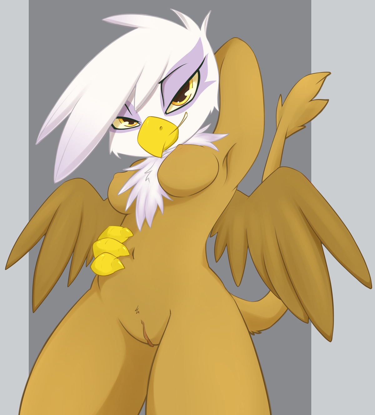 2013 anthro anthrofied avian beak biped breasts brown_body brown_feathers e621 feathered_wings feathers female friendship_is_magic genitals gilda_(mlp) grumblepluck gryphon hair hasbro hi_res looking_at_viewer my_little_pony mythological_avian mythological_creature mythology nipples non-mammal_breasts non-mammal_nipples nude pose purple_body purple_feathers smile solo standing tail vulva white_body white_feathers wings