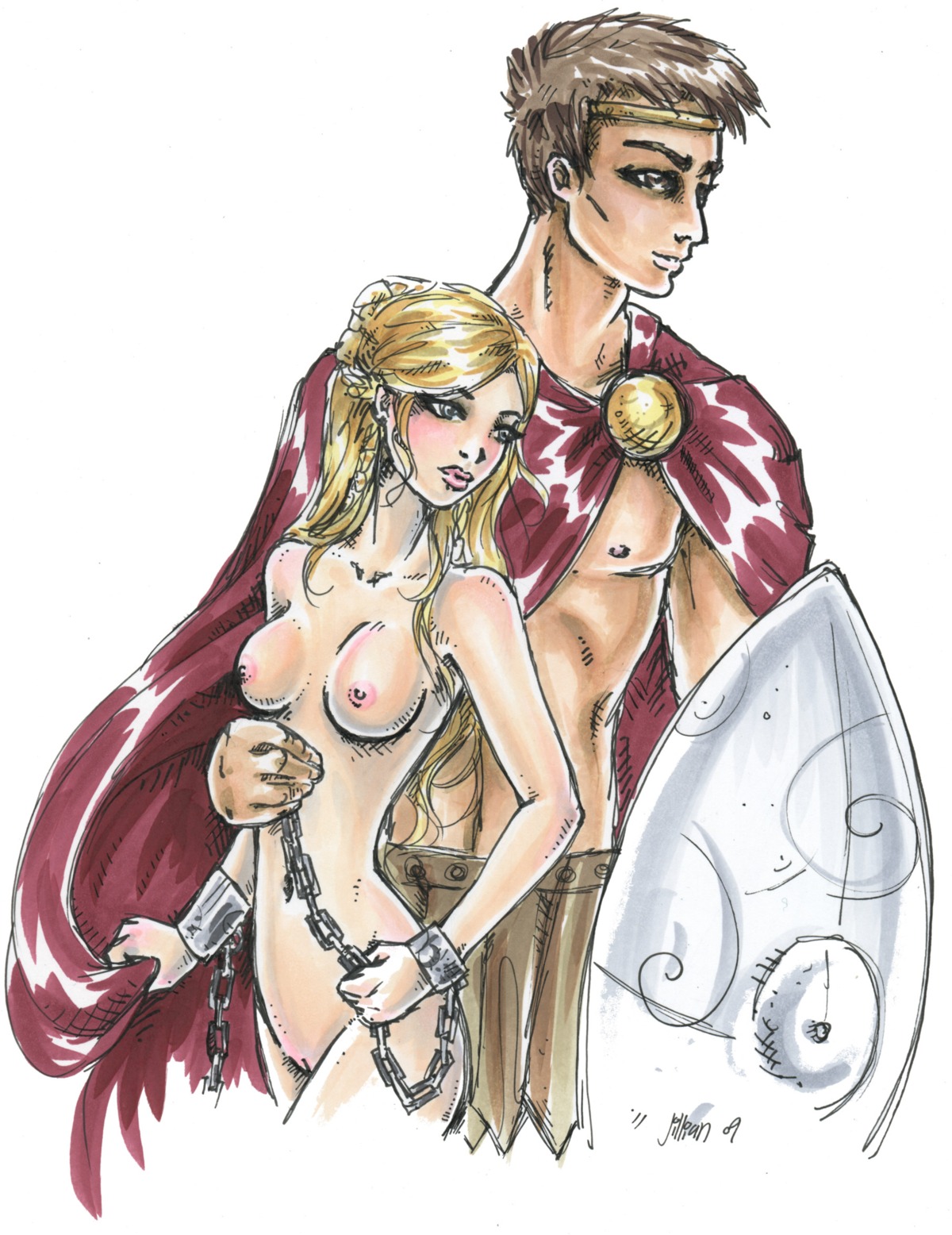 1boy 1girls 2009 andromeda_(greek_mythology) areolae blonde_hair breasts brown_hair chains clothed_male_nude_female european_mythology female greek_mythology male mythology nipples nude nude_female odins-girl perseus perseus_(greek_mythology) public_domain pussy royalty rule34 shackles shield white_background