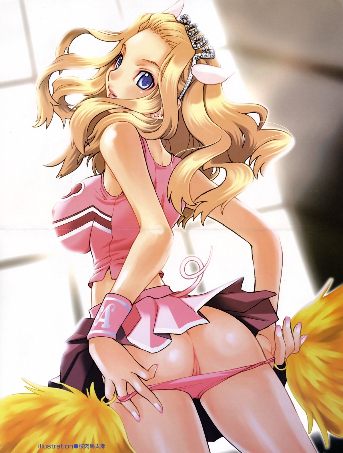 1girls animal_ear ass blonde_hair blue_eyes breasts cheerleader crease female highres impossible_clothes impossible_clothing impossible_shirt large_breasts panties panty_pull pig_ear pig_tail pom_poms pussy rule34 sakuraniku_umatarou shirt solo tail uncensored underwear