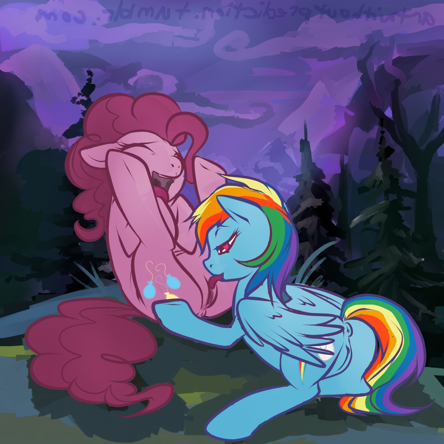 1:1 2012 absurd_res anus blue_body blue_feathers blue_fur butt buttercup_saiyan cloud cunnilingus cutie_mark detailed_background duo e621 earth_pony equid equine eyes_closed feathered_wings feathers female female/female feral feral_on_feral forest friendship_is_magic fur genitals hair half-closed_eyes hand_on_butt hasbro hi_res hooves horse legs_up licking long_hair lying mammal multicolored_hair multicolored_tail my_little_pony mythological_creature mythological_equine mythology narrowed_eyes nature on_front open_mouth oral outside pegasus pink_hair pinkie_pie_(mlp) plant pony puffy_anus purple_eyes rainbow_dash_(mlp) rainbow_hair rainbow_tail rear_view sex signature sitting sky tail tongue tongue_out tree underhoof vaginal vulva wings wood