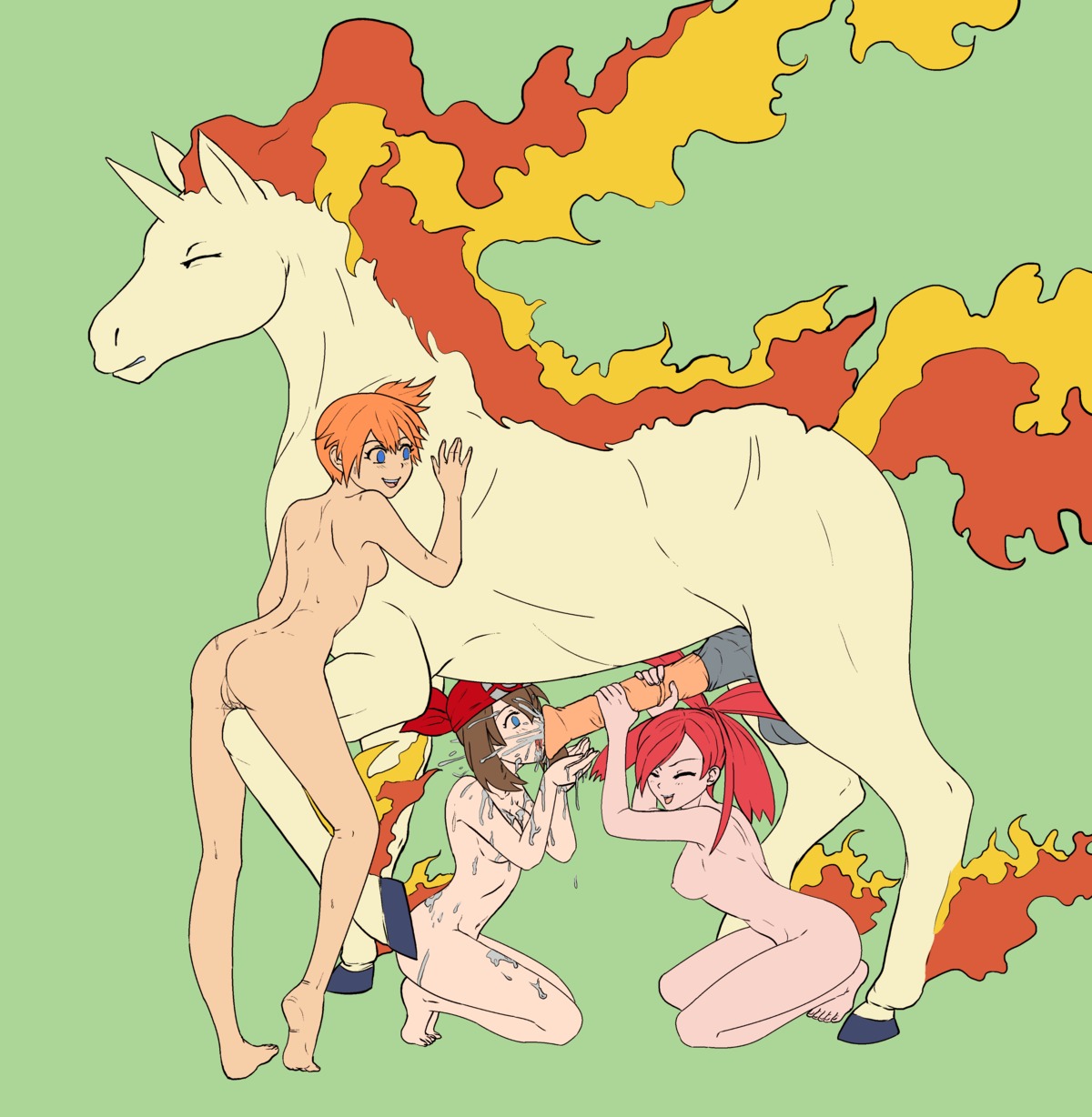 absurd_res animal_genitalia animal_penis balls bestiality blue_eyes bodily_fluids breasts brown_hair cum cum_on_breasts cum_on_face cumshot e621 ejaculation equid equine_genitalia equine_penis erection eyes_closed female feral fire flaming_tail flannery_(pokemon) generation_1_pokemon genital_fluids genitals group gym_leader hair handjob hi_res horn human human_on_feral interspecies kneeling licking male male/female mammal may_(pokemon) misty_(pokemon) nintendo nipples nude oral orgasm penile penis penis_lick pokemon pokemon_(species) pokemon_trainer pokephilia precum rapidash red_eyes red_hair sex simple_background standing tail tongue tongue_out unknown_artist vaginal_fluids vulva