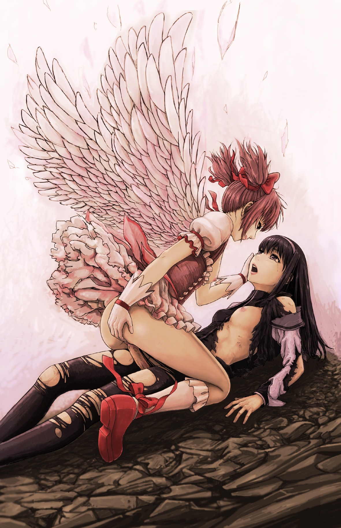 1futa 1girls akemi_homura angel_wings ass black_hair blush bow breasts breasts_out clothed_sex clothing comforting cowgirl_position cute dress dress_lift ereka eye_contact female female_on_futa futa_on_female futa_with_female futanari gloves hair hair_ribbon hairband hand_on_another's_cheek highres intersex lips long_hair looking_at_another looking_down looking_up lying madoka_kaname magical_girl mahou_shoujo_madoka_magica multiple_females multiple_girls nipples no_panties on_back on_floor open_mouth pantyhose penis pink_hair purple_eyes pussy ribbon romantic romantic_sex rule34 sex short_hair short_twintails skirt skirt_lift small_breasts spread_ass straddle tear tied_hair torn_clothing torn_pantyhose twintails vaginal_penetration wings