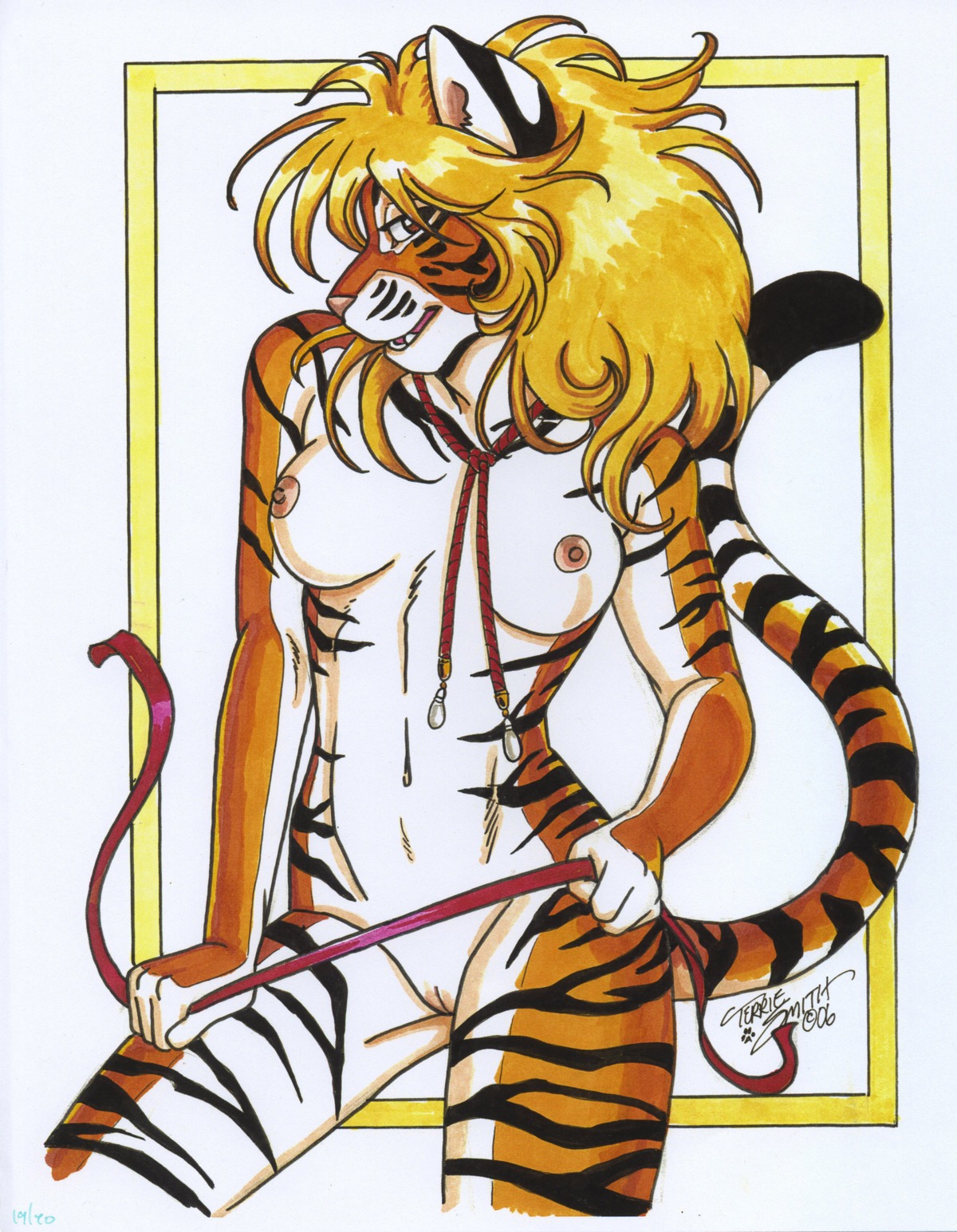 2006 absurd_res anthro breasts e621 felid female genitals hair hi_res mammal nipples pantherine signature solo stripes tail terrie_smith tiger traditional_media_(artwork) vulva