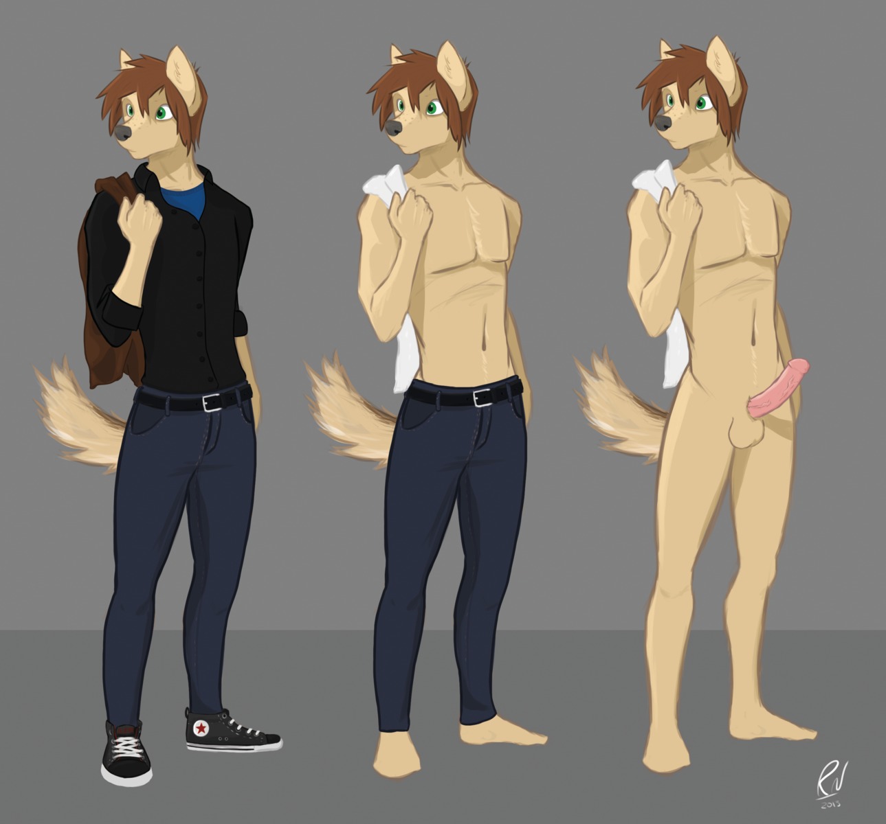 2013 absurd_res anthro balls belt biped brown_hair canid canine clothing e621 erection footwear genitals green_eyes hair hi_res jacket male mammal nude penis pose rawrnate shoes solo topwear