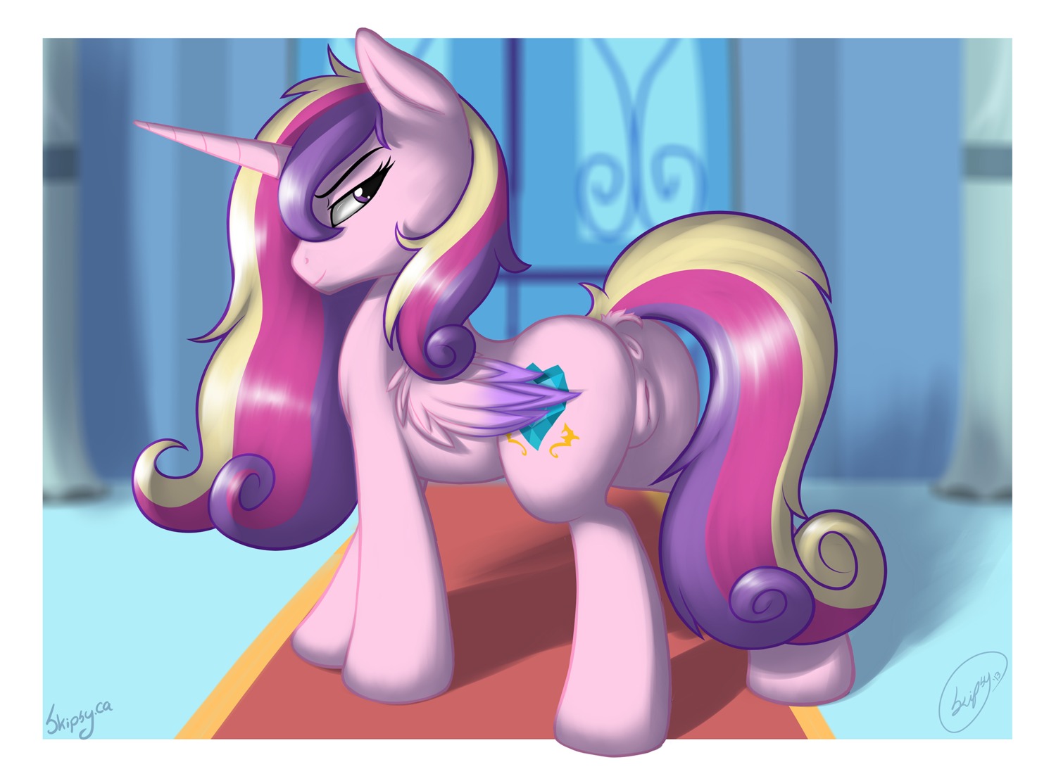 anus butt cutie_mark e621 equid equine feathered_wings feathers female feral friendship_is_magic genitals hair hasbro hi_res horn looking_at_viewer mammal multicolored_hair my_little_pony mythological_creature mythological_equine mythology nude pink_body pink_feathers presenting presenting_hindquarters presenting_vulva princess_cadance_(mlp) purple_eyes skipsy solo tail vulva winged_unicorn wings