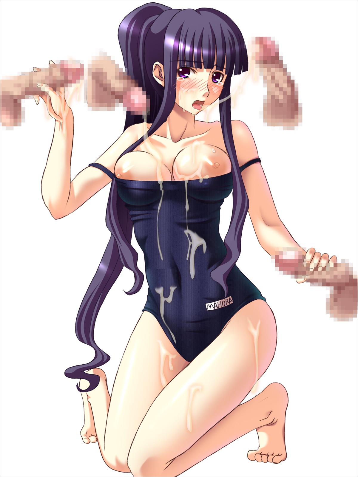 blush breasts censored cum female handjob highres ichimedoo large_breasts mahou_sensei_negima! male one-piece_swimsuit ookouchi_akira penis rule34 swimsuit tear