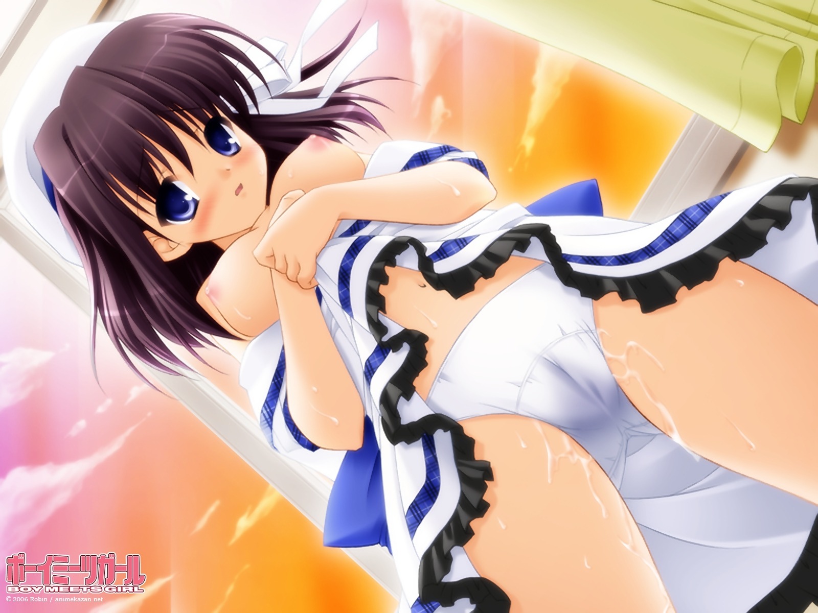 blue_eyes boy_meets_girl breasts brown_hair female nipples panties ribbons rule34 underwear upskirt