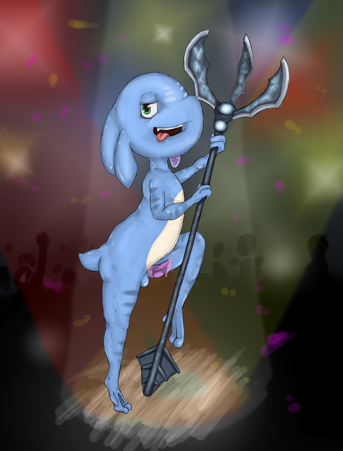 absurd_res aquatic balls blue_body blue_skin bodily_fluids dancing e621 erection fizz_(lol) genital_fluids genitals green_eyes hi_res league_of_legends male melee_weapon nude penis pole pole_dancing polearm precum riot_games scalie solo tencent tongue tongue_out trident valon weapon yordle