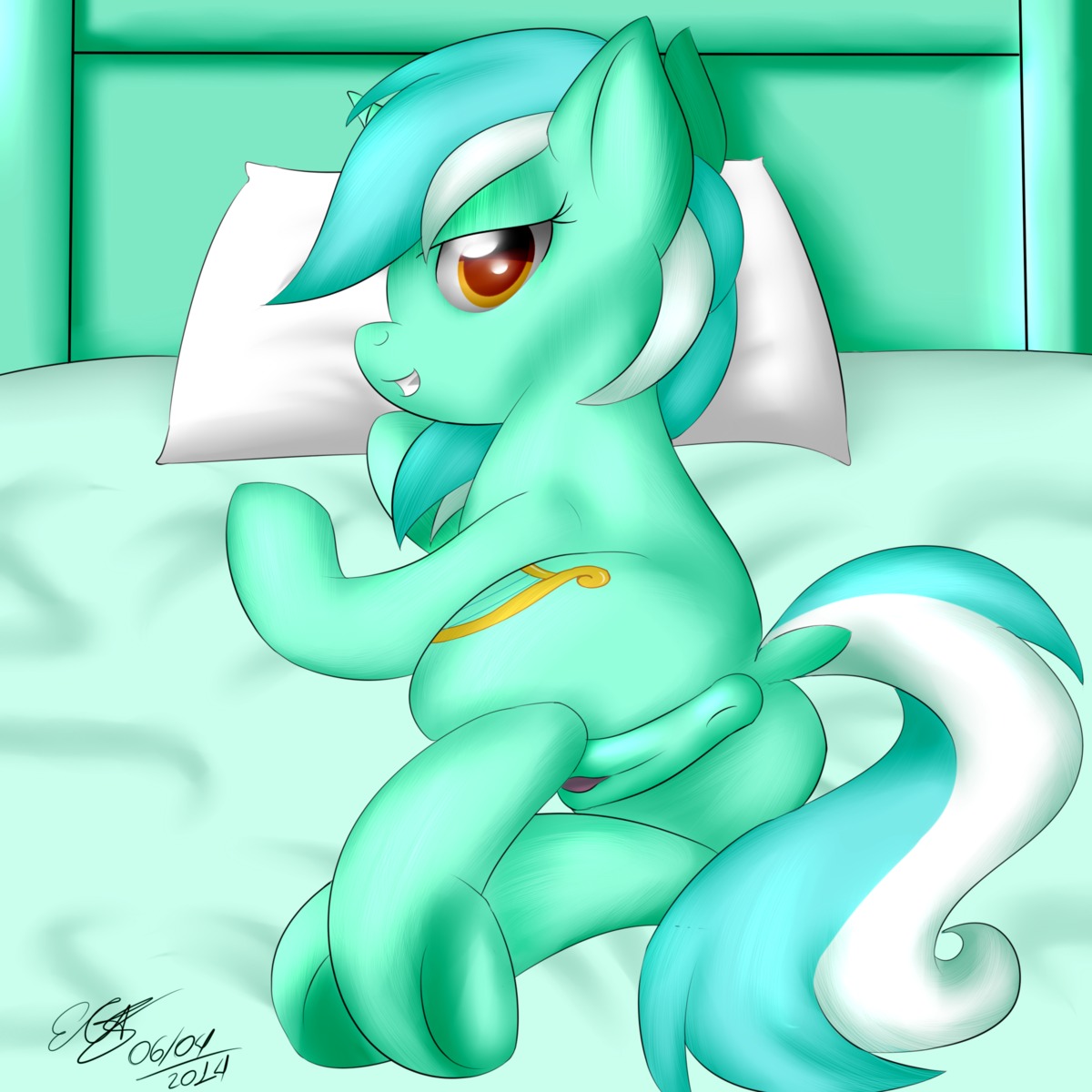 1:1 2014 animal_genitalia animal_vulva anus bed bedroom_eyes clitoral_winking clitoris cutie_mark e621 equid equine equine_genitalia equine_vulva female feral friendship_is_magic fur furniture genitals green_body green_fur hair half-closed_eyes hasbro hi_res hooves horn icy_wings inside looking_at_viewer lying lyra_heartstrings_(mlp) mammal multicolored_hair my_little_pony mythological_creature mythological_equine mythology narrowed_eyes on_bed pillow presenting raised_tail seductive smile solo tail two_tone_hair underhoof unicorn vulva yellow_eyes
