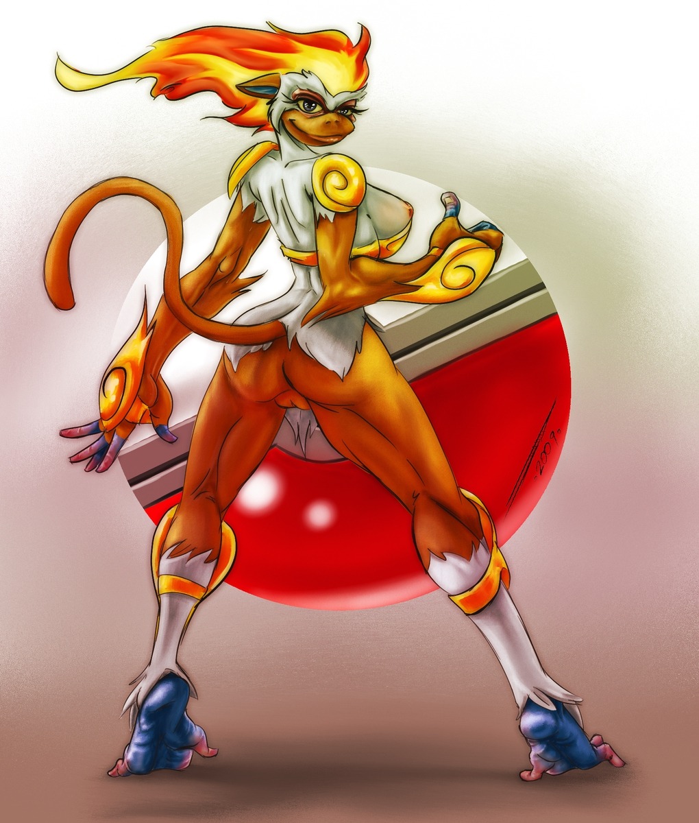 anthro ass back_view barefoot breasts closed_mouth color female female_only fiery_hair fire fur furry furry_ass furry_ears furry_tail grey_eyes infernape looking_back nintendo nude open_eyes pointy_ears poke_ball pokemon pokemon_(species) pussy rule34 smile solo standing tail thumbs_up vulva yellow_sclera