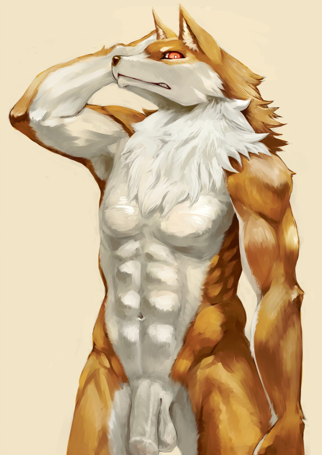 2013 abs anthro balls black_nose canid canine chest_tuft e621 flaccid foreskin fur genitals hi_res humanoid_genitalia humanoid_penis kuroisumi looking_at_viewer male mammal muscular muscular_anthro muscular_male navel penis simple_background solo tuft