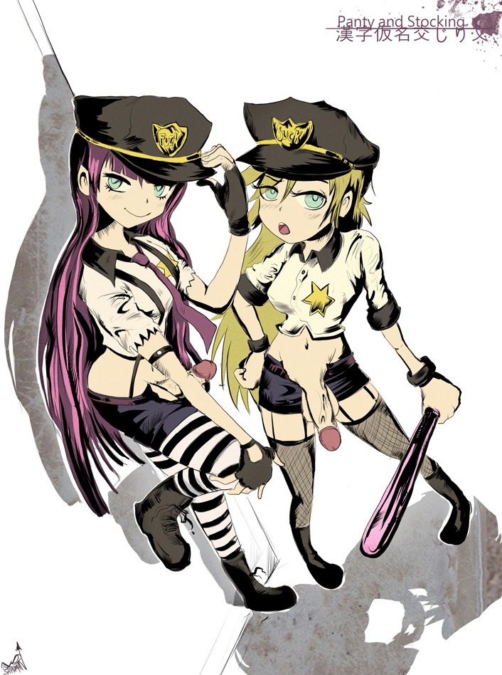 2futas balls baton big_areola boots breasts erect_nipples erection fishnet_stockings futa_only futa_with_futa futanari intersex looking_at_viewer nipple_bulge nipples panty_&amp;_stocking_with_garterbelt panty_anarchy penis penis_out police rule34 shadman stocking_anarchy thighhighs uniform weapon
