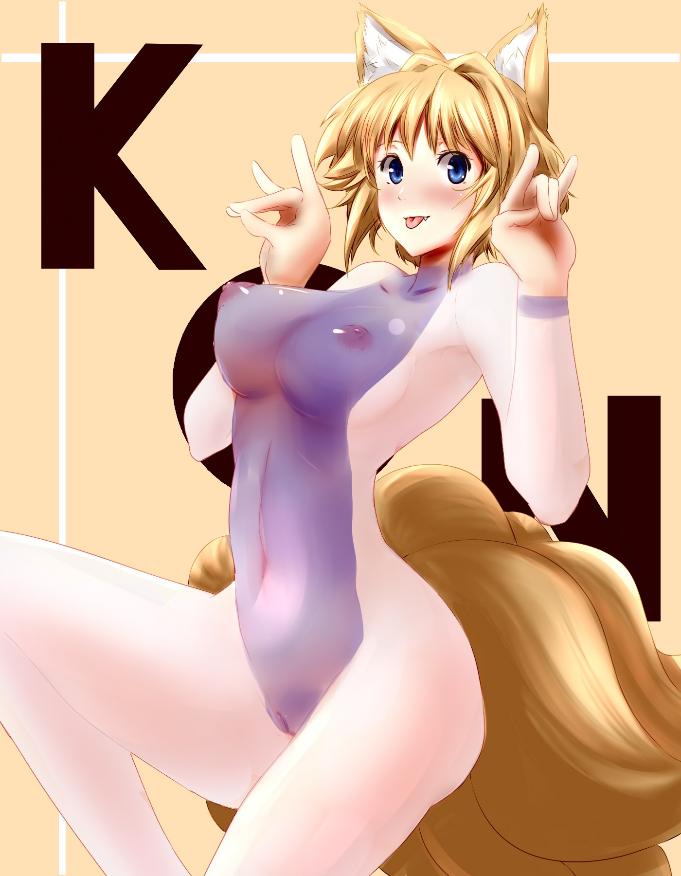 animal_humanoid big_breasts blonde_hair blue_eyes blush bodypaint breasts canid canid_humanoid canine canine_humanoid dearmybrothers e621 fangs female fox fox_humanoid genitals hair hi_res humanoid inner_ear_fluff mammal mammal_humanoid multi_tail navel nipples nude painted_clothing ran_yakumo short_hair simple_background solo tail teeth tongue tongue_out touhou tuft vulva