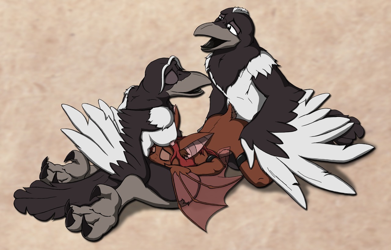 anthro avian bat beak bird bisexual cassandrarising corvid e621 eurasian_magpie eyes_closed feathered_wings feathers fellatio female female/female feral garr_(artist) group group_sex holarctic_magpie interspecies magpie_(corvid) male male/female mammal membrane_(anatomy) membranous_wings oral oscine passerine penetration penile semi-anthro sex spitroast tail tail_feathers threesome trio wings