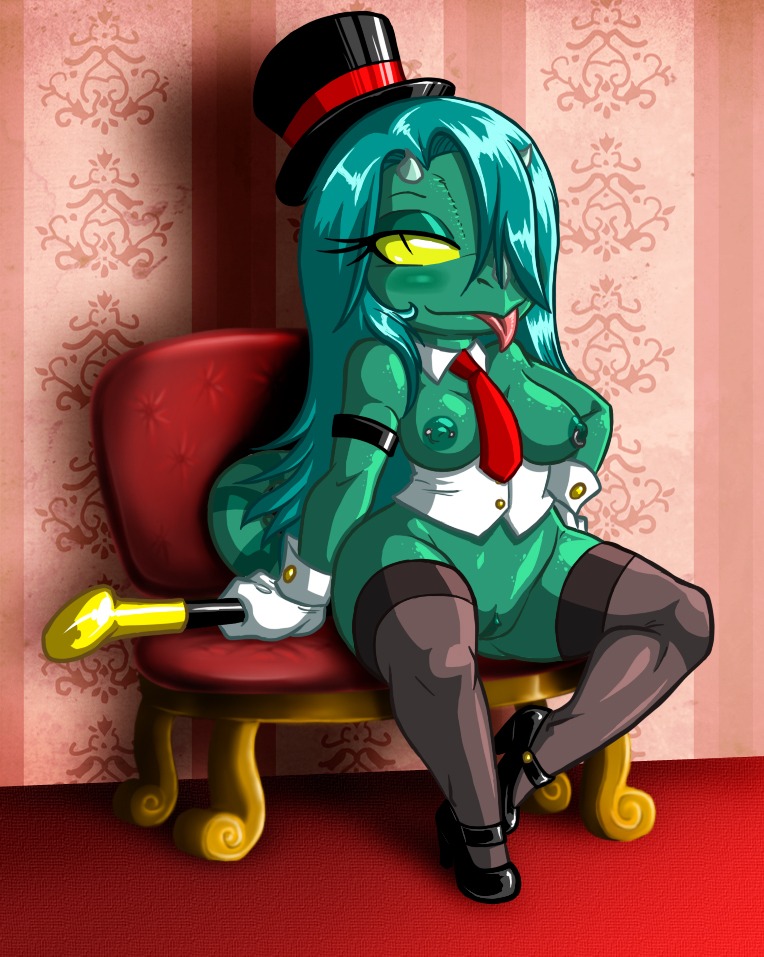 amber_eyes anthro biped breasts chameleon clothing crisalia crovirus curled_tail e621 female footwear genitals hair hat headgear headwear high_heels horn jackson's_chameleon legwear lizard long_hair nipple_piercing nipples non-mammal_breasts non-mammal_nipples piercing pumps pupils reptile scalie shoes showgirl slit_pupils solo stockings tail thigh_highs top_hat vulva zinnthos
