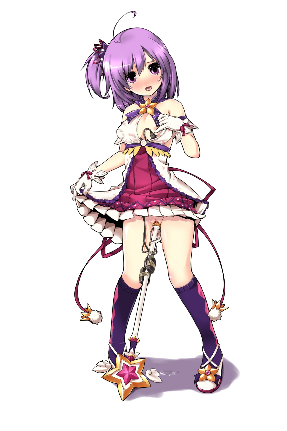 1girls ahoge aisha_(elsword) areola_slip areolae argyle argyle_legwear bare_shoulders battle_magician battle_magician_(elsword) blush breasts elsword female gloves high_resolution kneehighs looking_at_viewer no_panties open_mouth pigeon-toed purple_eyes purple_hair purple_legwear pussy pussy_juice rule34 short_hair side_ponytail skirt solo standing star tama_(tamatamo) vibrator wand