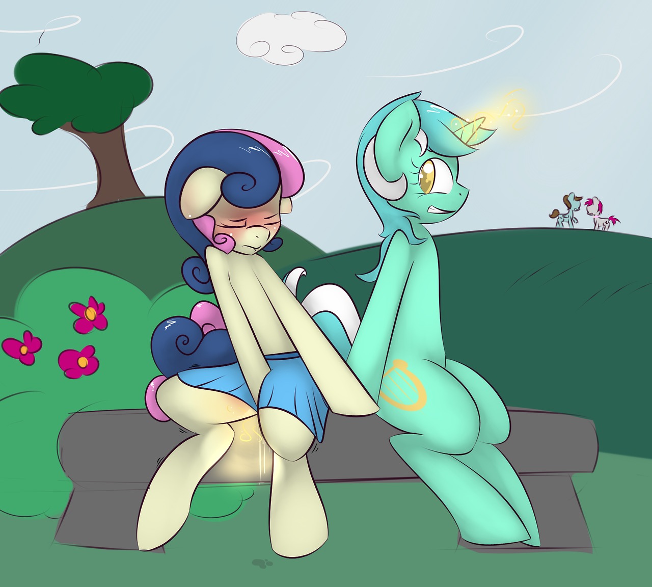 2013 amber_eyes blush bodily_fluids bonbon_(mlp) bottomwear clothing cloud cutie_mark e621 earth_pony enhibitionism equid equine eyes_closed female feral friendship_is_magic genital_fluids group hair hasbro horn horse kryptchild lyra_heartstrings_(mlp) magic magic_user magical_stimulation mammal masturbation multicolored_hair my_little_pony mythological_creature mythological_equine mythology outside pony public sex sitting skirt sky smile stealth_sex tail two_tone_hair unicorn vaginal_fluids