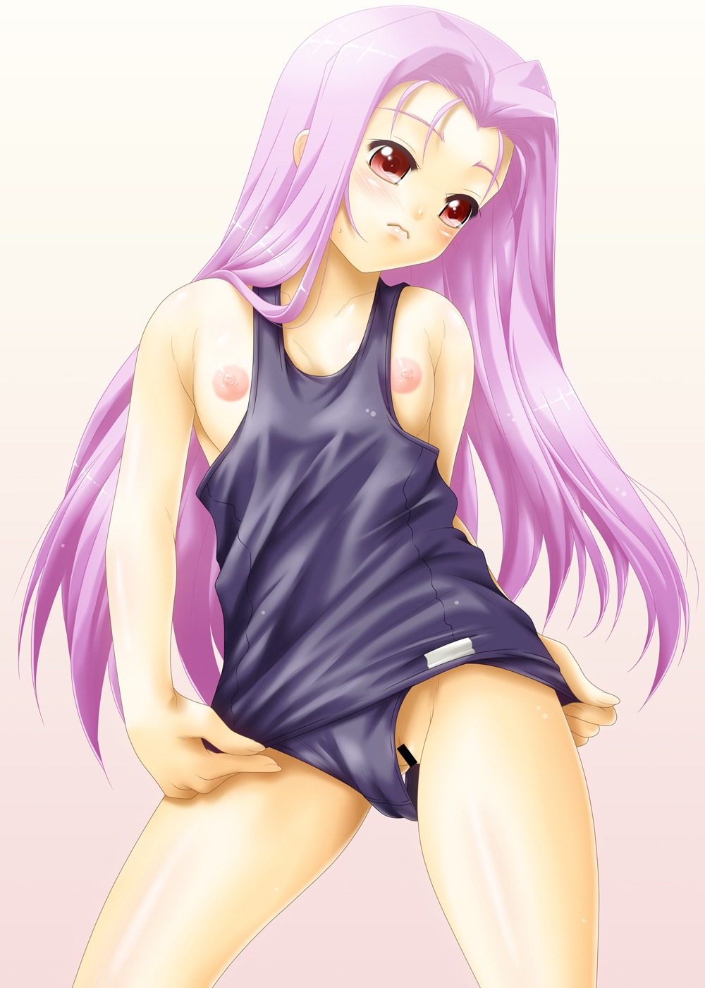 breasts censored female long_hair lutecia_alpine lyrical_nanoha mahou_shoujo_lyrical_nanoha_strikers mizugi nipples purple_hair red_eyes rule34 sukumizu