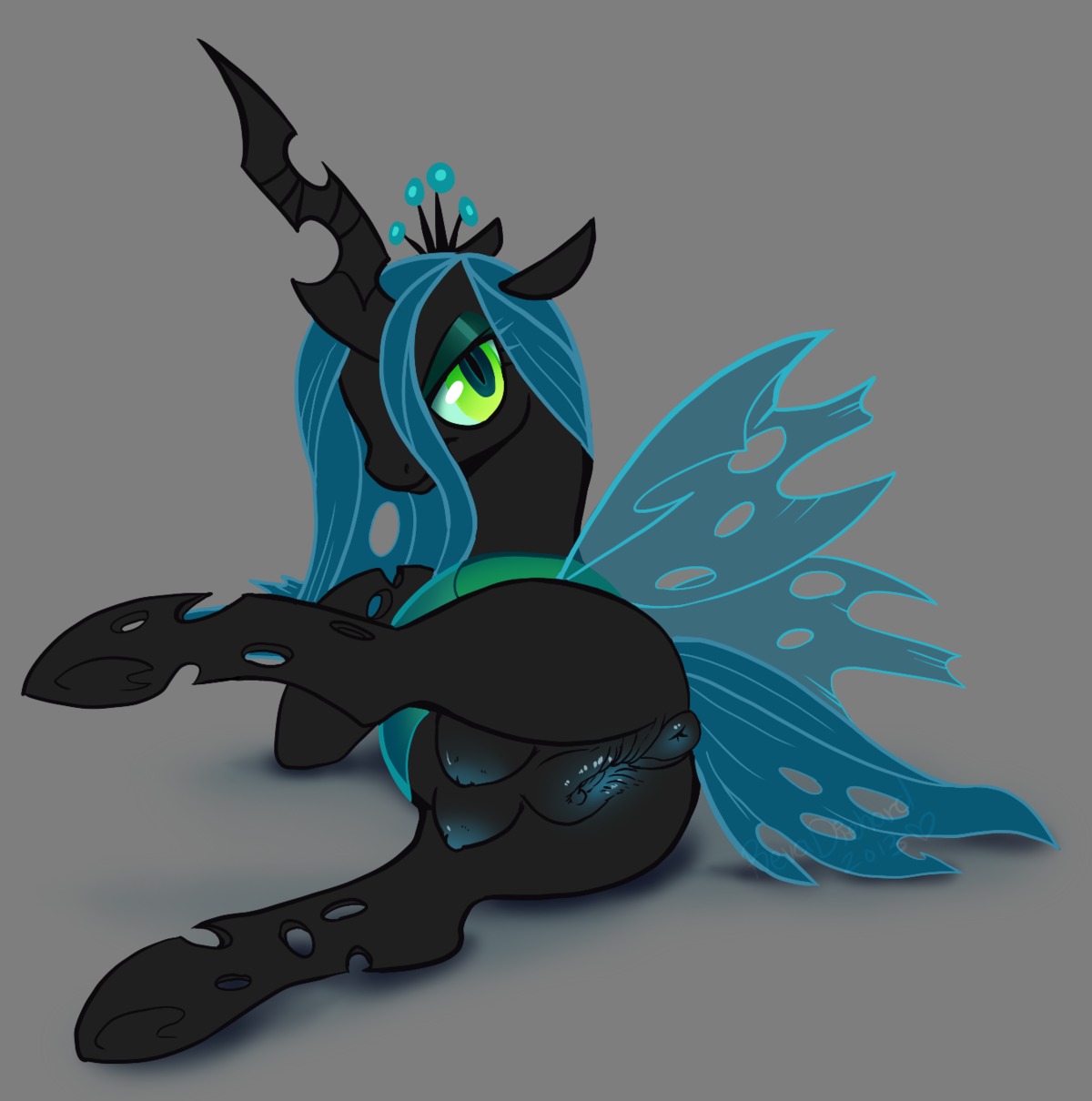 2013 alpha_channel anus arthropod black_body black_skin blue_hair breasts butt changeling_(mlp) crown e621 female feral friendship_is_magic genitals green_eyes hair hasbro headgear hi_res hooves horn insect_wings long_hair looking_at_viewer lying makeup multicolored_eyes my_little_pony nipples on_side presenting presenting_hindquarters pupils quadruped queen queen_chrysalis_(mlp) revadiehard royalty simple_background slit_pupils smile solo spread_legs spreading tail teal_eyes teats transparent_background vulva wings