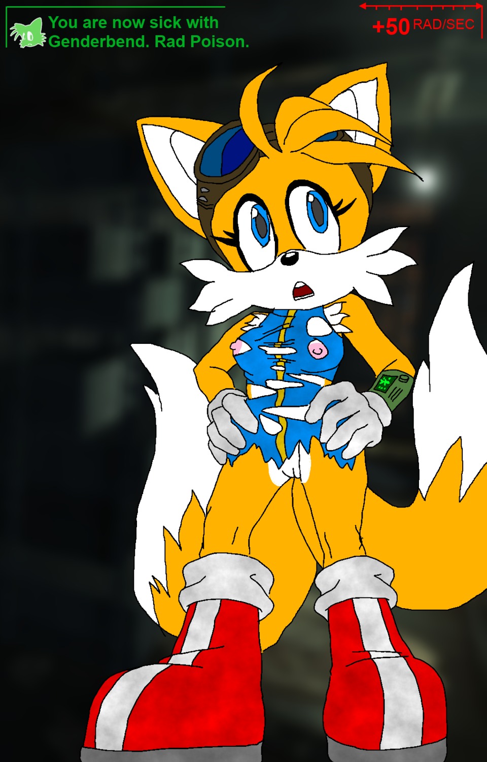 2012 alternate_costume annonguy anthro blue_eyes boots breasts canid canine clothing clothing_swap cosplay crossgender crossover crossover_cosplay e621 fallout female footwear fox gameplay_mechanics gender_transformation genitals gloves handwear hi_res mammal microsoft miles_prower mtf_crossgender mtf_transformation multi_tail nipples sega shoes solo sonic_the_hedgehog_(series) tail transformation vulva
