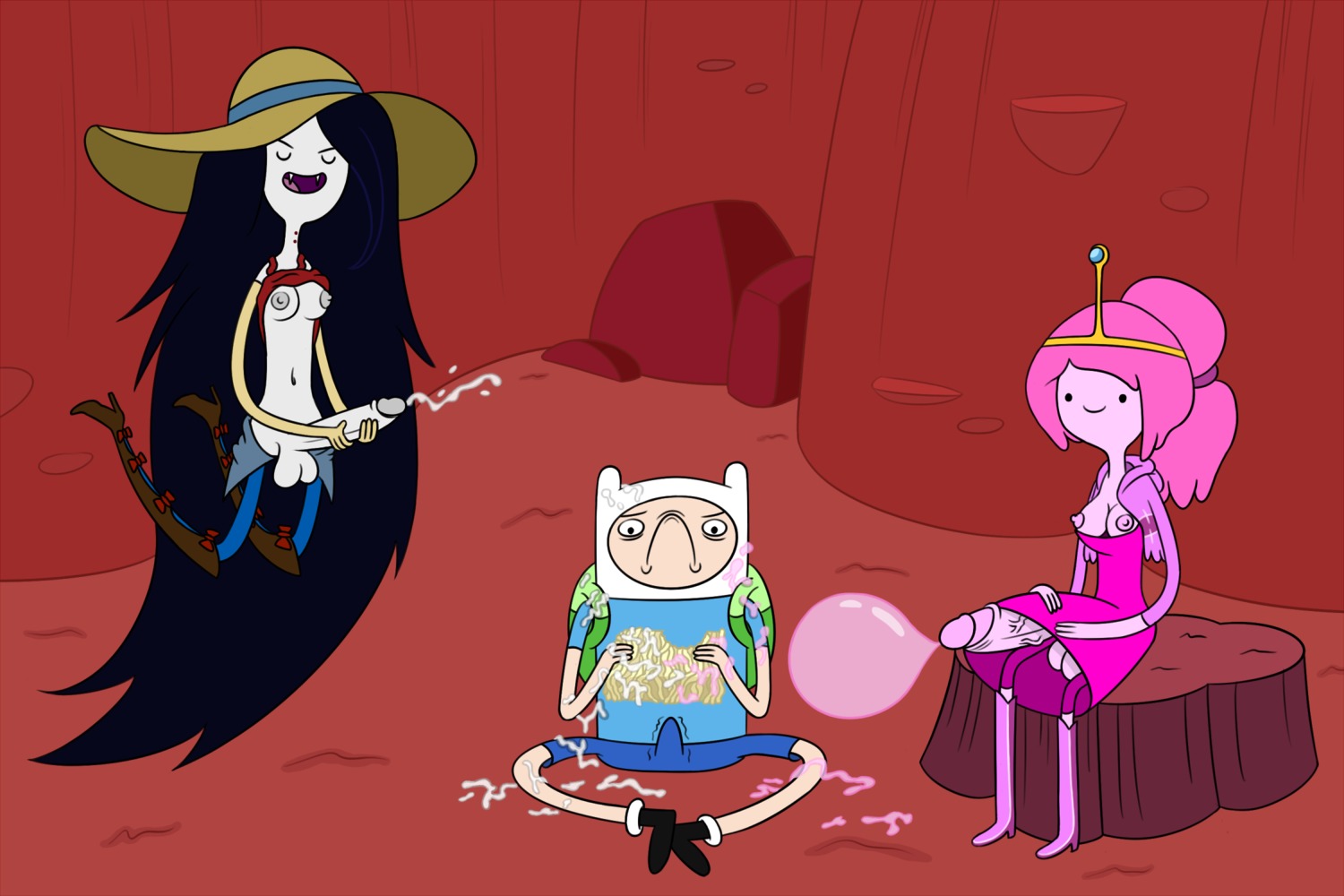 accurate_art_style adventure_time backpack bag blonde_hair cum cum_on_clothes cum_on_food finn_the_human food full_circle futa_is_bigger futa_on_male futanari human intersex male marceline pale_skin penis penis_size_difference princess_bubblegum rule34 tagme