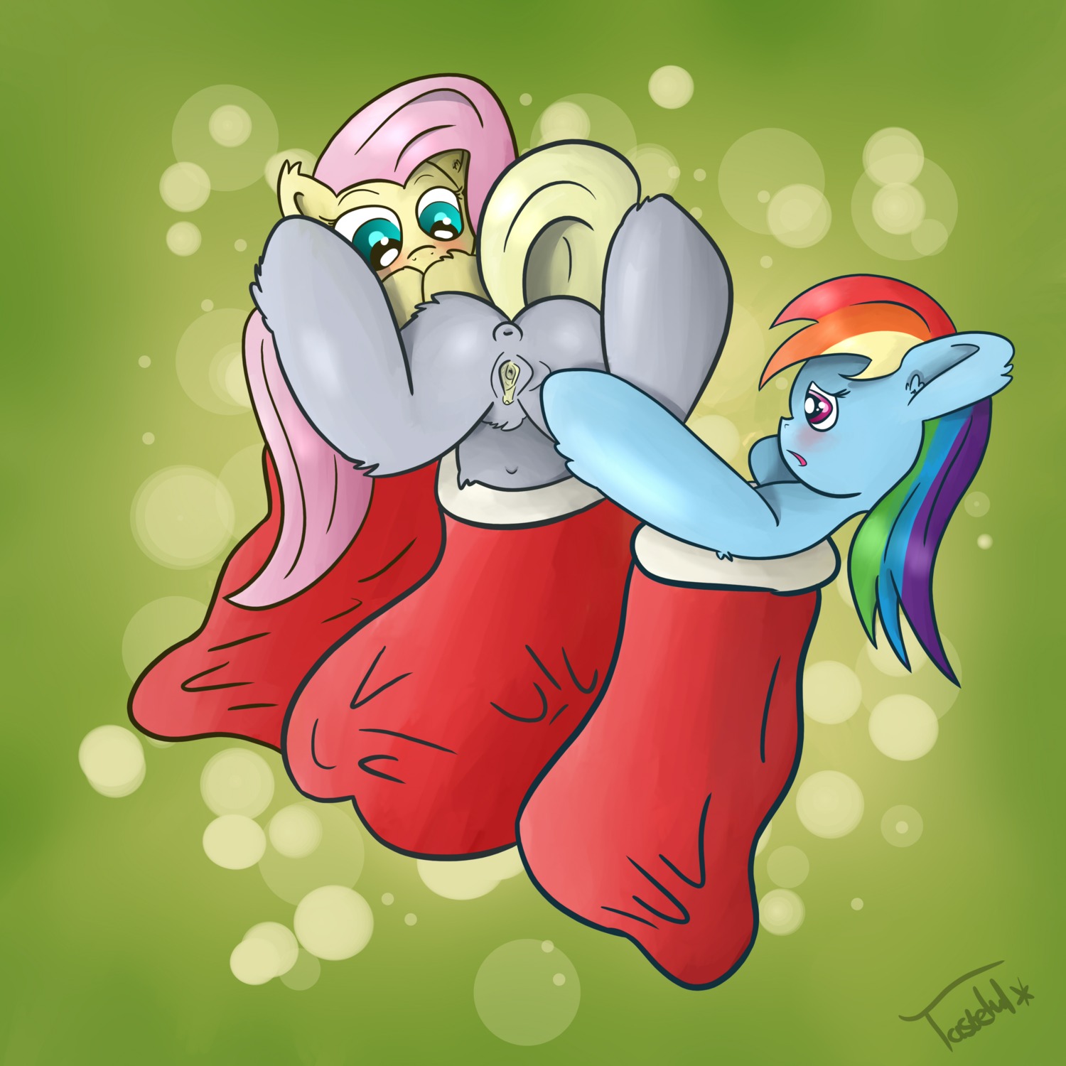 1:1 absurd_res anus blue_body blue_eyes blue_fur blush derpy_hooves_(mlp) e621 equid equine female feral fluttershy_(mlp) friendship_is_magic fur genitals grey_body grey_fur group hair hasbro hi_res holidays horse mammal multicolored_hair my_little_pony pink_hair pony rainbow_dash_(mlp) rainbow_hair simple_background tail tasteful-clopper vulva yellow_body yellow_fur