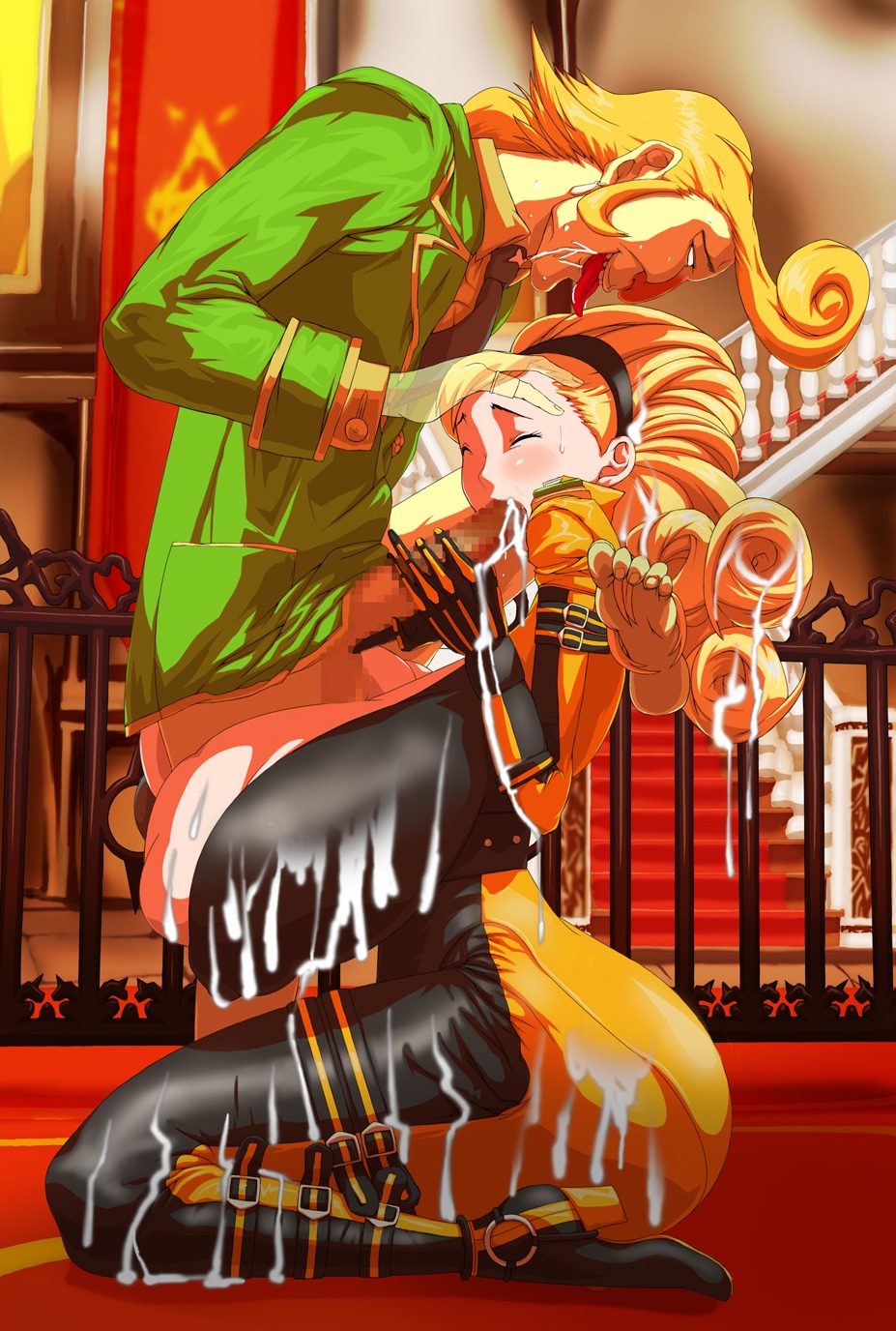 artist_request ass balls blonde_hair breasts censored cum cum_in_mouth cum_on_ass cum_on_body cum_on_breasts cum_on_clothes cum_on_floor cum_on_hair cum_on_lower_body cum_on_upper_body fellatio female gigantic_breasts hair highres huge_ass human humanoid hyena_(kof) king_of_fighters king_of_fighters_maximum_impact lien_neville male oral penis rule34 snk straight testicles
