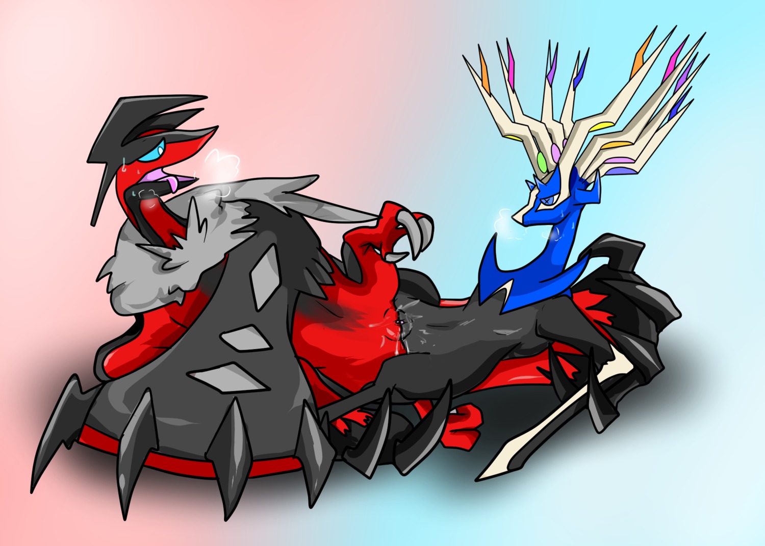 2014 antlers avian beak bodily_fluids breath claws deer duo e621 female female/female feral feral_on_feral fur generation_6_pokemon genital_fluids genitals half-closed_eyes hi_res horn legendary_pokemon lying mammal narrowed_eyes nintendo nude on_back open_mouth pokemon pokemon_(species) raised_leg rio_(artist) sex sweat toe_claws tongue tongue_out tribadism vaginal vaginal_fluids vulva wings xerneas xerneas_(active_mode) yveltal