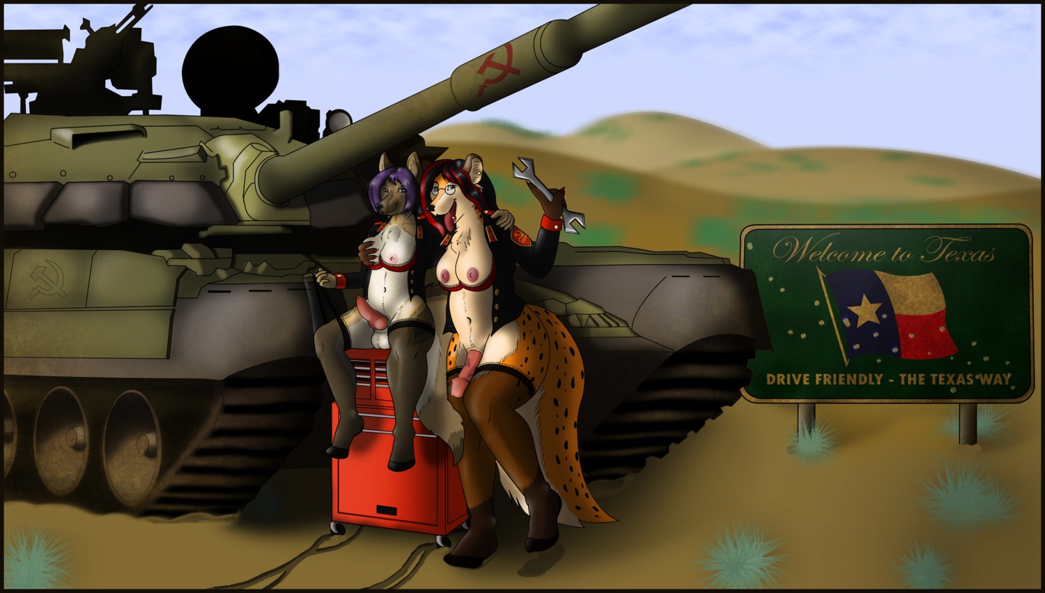 anthro armored_vehicle barrel_art black_border black_hair border breasts canid canine canis cannon clothing domestic_dog duo e621 english_text erection explosive_reactive_armor eyewear genitals glasses gynomorph hair helena_lachette_(character) hi_res humanoid_pointy_ears hybrid hyenatig intersex legwear long_hair machine mammal nude penis pointy_ears purple_hair ranged_weapon russian soviet_union stockings t-80 tail tamaskan_dog tank_(vehicle) texas text toolbox tracked_vehicle turret uniform uralvagonzavod val_mal vehicle weapon