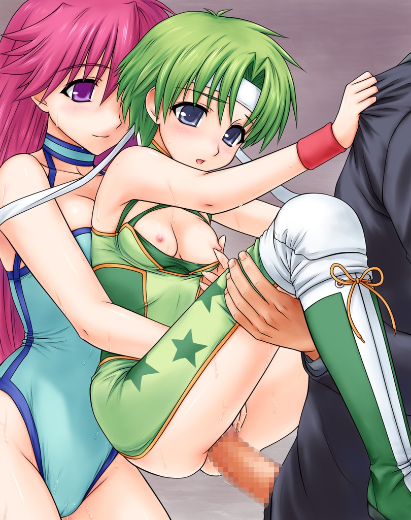 artist_request blush breasts breasts_out cameltoe censored character_request clothed_sex clothing female fingering green_hair headband kikuchi_riu kikuchi_riyu leotard magenta_hair male medium_breasts mighty_yukiko multiple_females multiple_girls nipple_tweak nipples penis pussy rule34 sex smile source_request star star_print sweat threesome vagina vaginal_penetration wrestle_angels