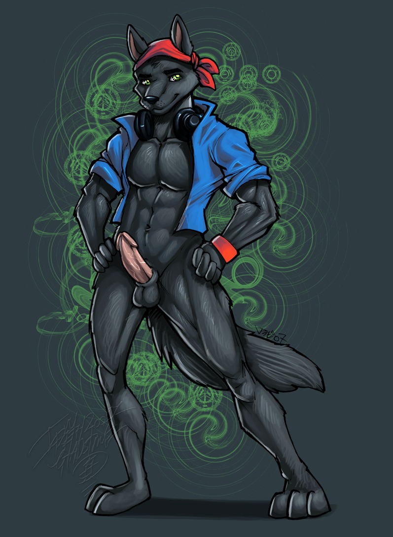 abs anthro balls biceps big_muscles black_nose bottomless canid canine canis clothed clothing disc_jockey e621 electronics erection fur genitals green_eyes headgear headkerchief headphones headphones_around_neck headwear ivybeth kerchief looking_at_viewer lupine_assassin male mammal muscular muscular_anthro muscular_male nude open_clothing open_shirt open_topwear pecs penis shirt solo sweatband tail topwear vein wolf